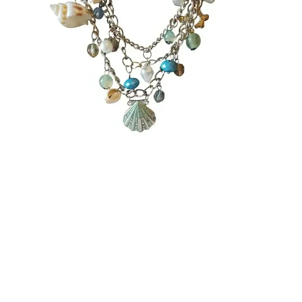 Triple Strand‎ Shell Crystal Bead Bib NecklaceTeal Blues Spring Summer Classic
